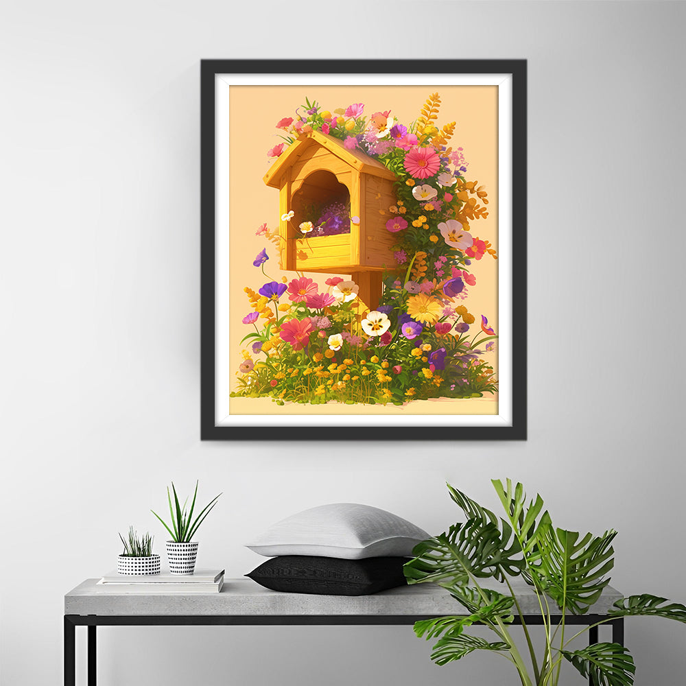 Houten Huisje in Bloemenparadijs Diamond Painting