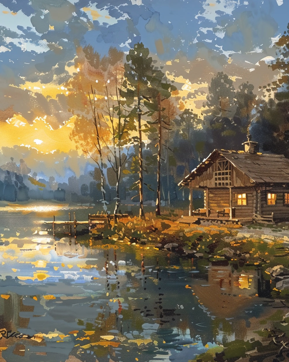Huisje aan het Meer bij Zonsondergang Diamond Painting