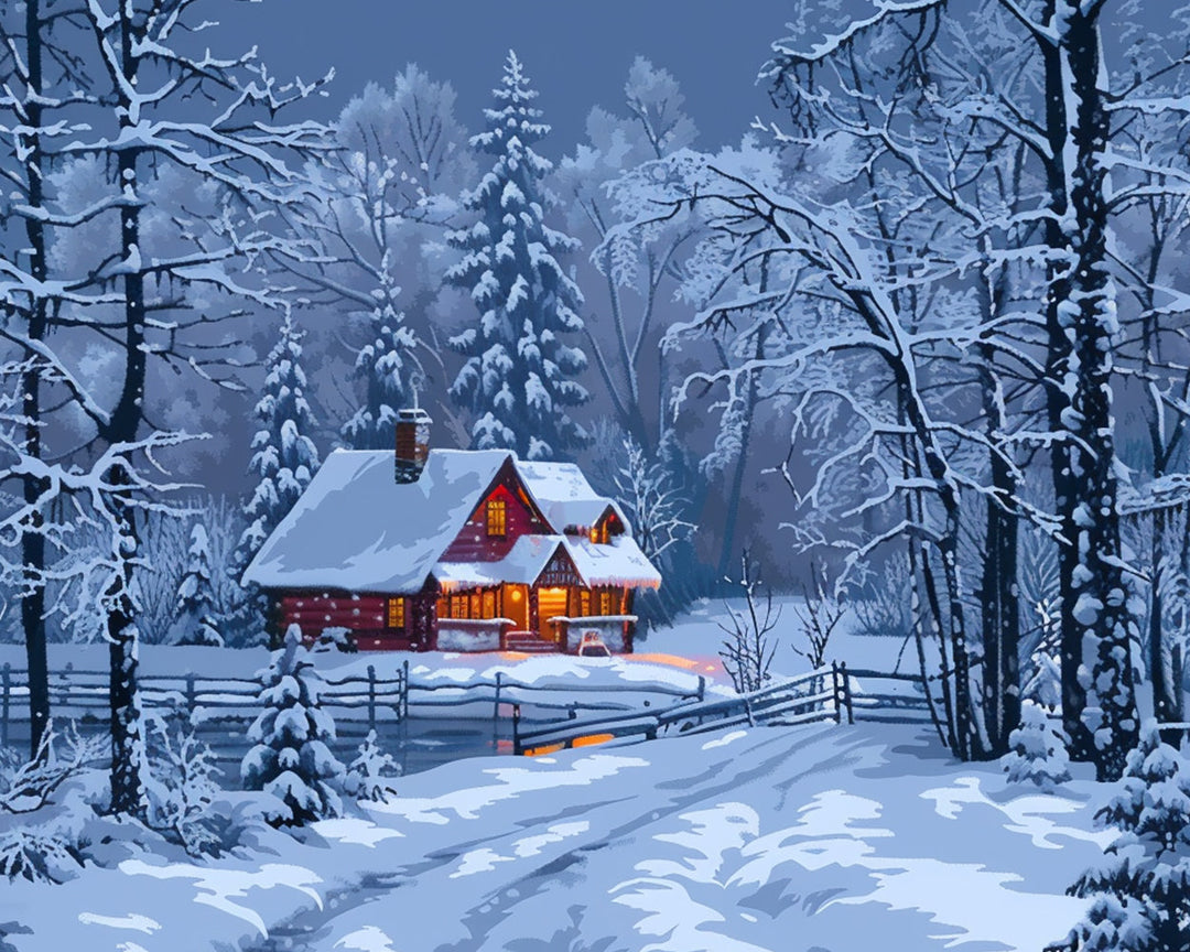 Hut en Bos in de Sneeuw Diamond Painting