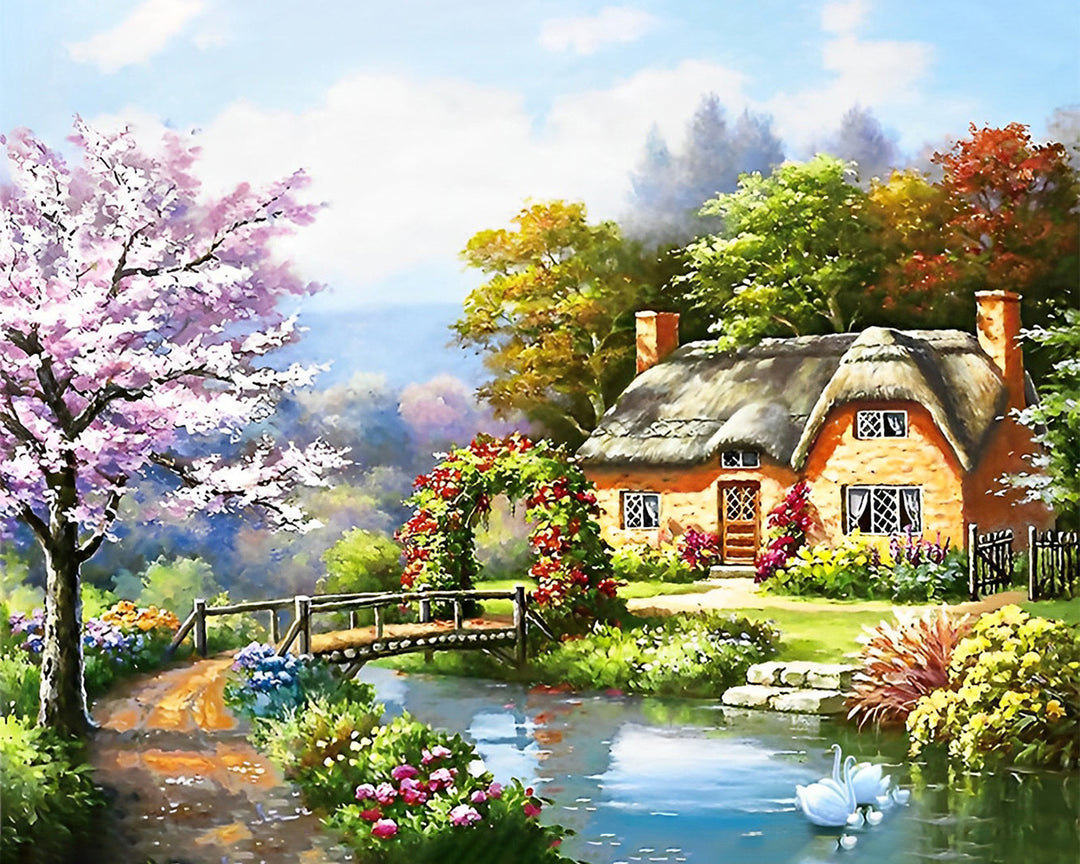 Hut, Rivier en Brug Diamond Painting