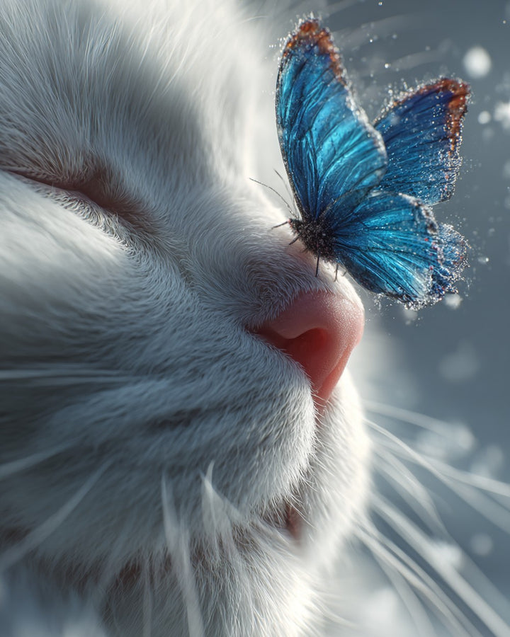 IJsblauwe Vlinder en Witte Kat Diamond Painting