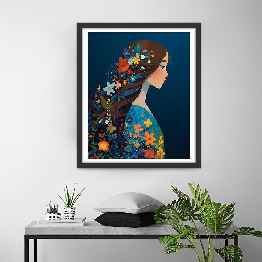 Illustratie Stijl Meisje en Bloemen Diamond Painting