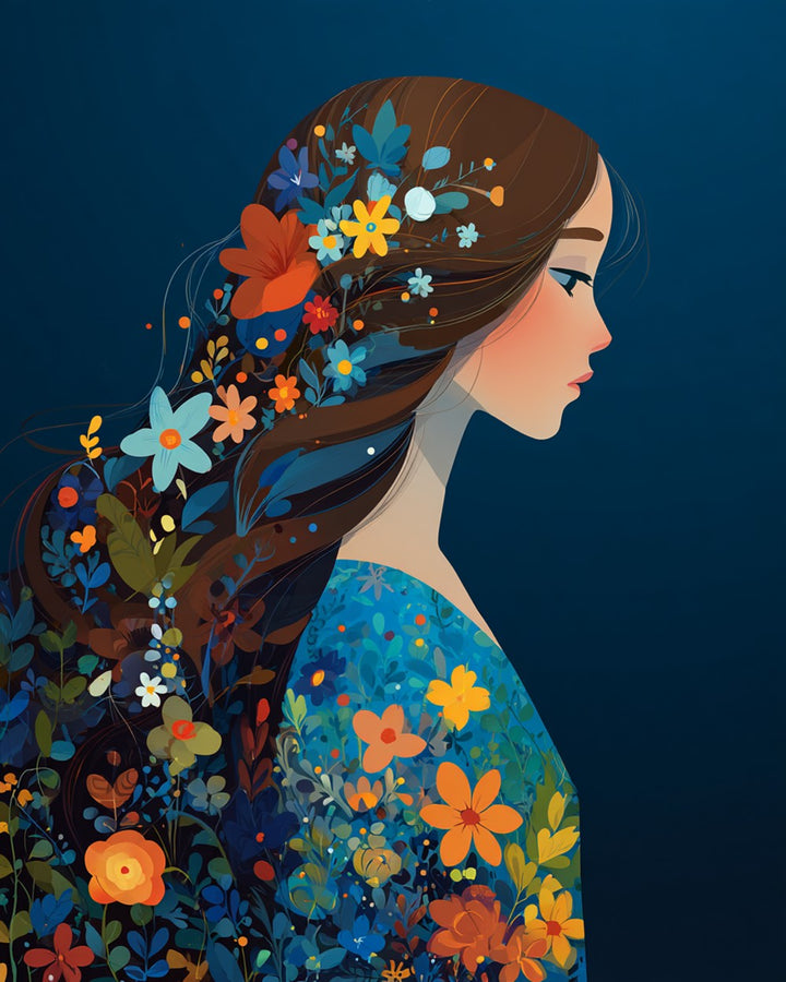 Illustratie Stijl Meisje en Bloemen Diamond Painting