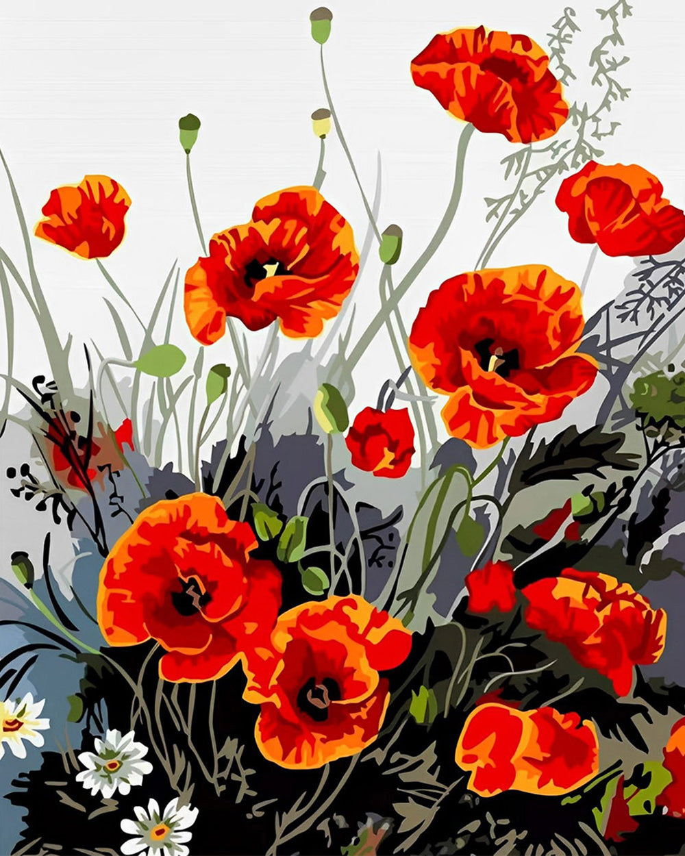 Inktstijl Rode Klaprozen Diamond Painting