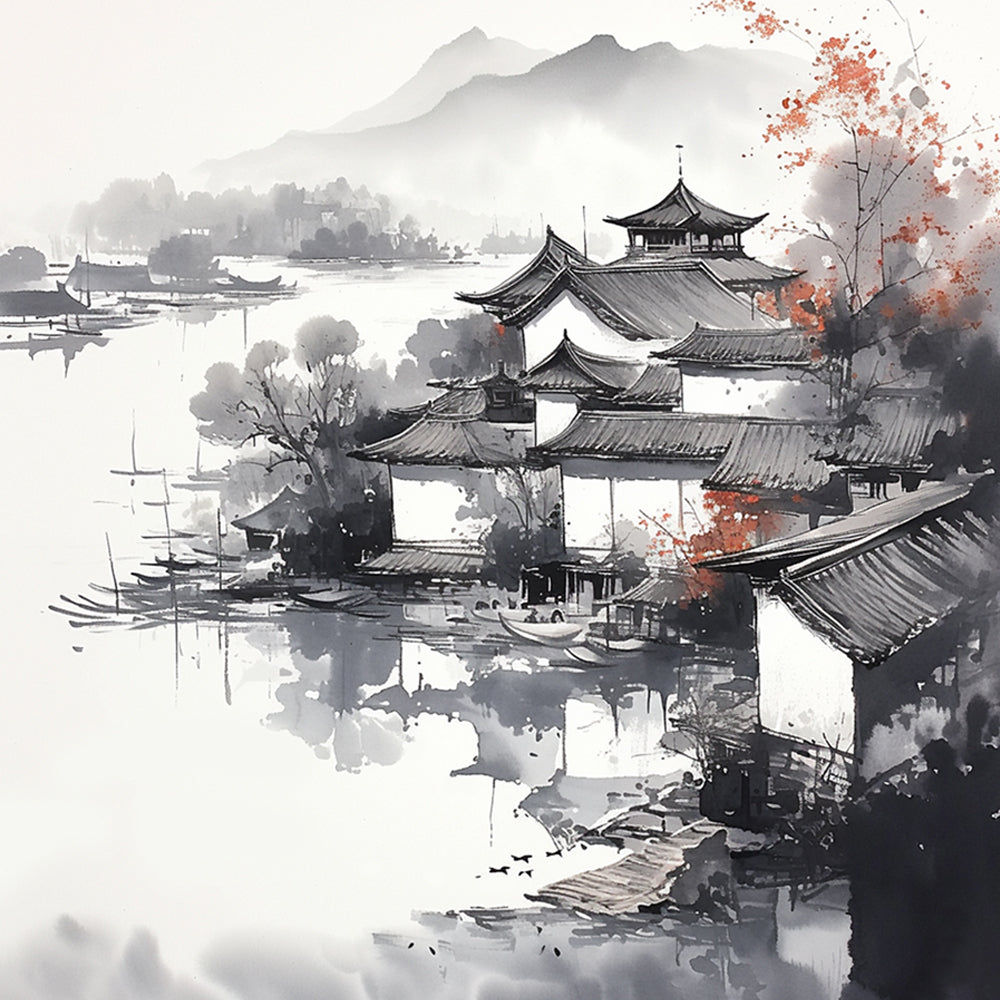 Inkttekening van Bergen en Huizen Diamond Painting