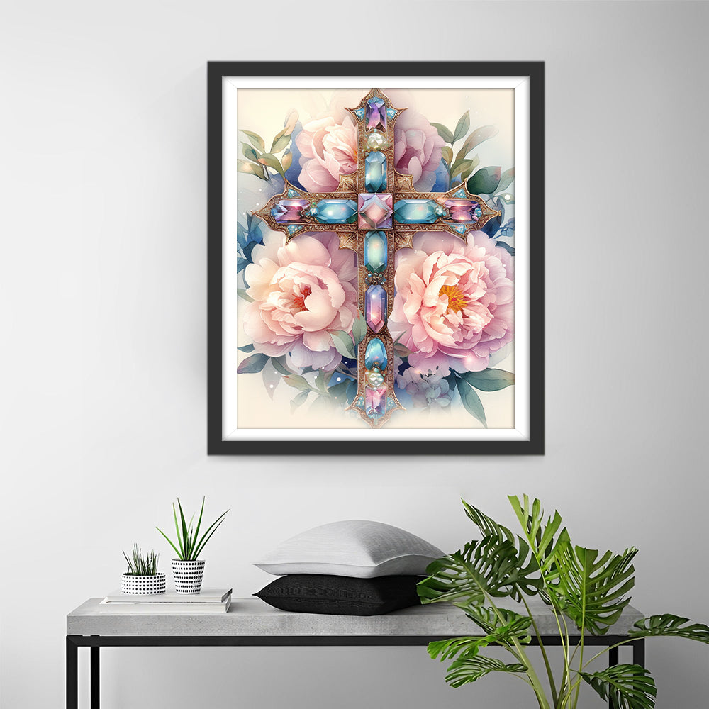 Juweelkruis tussen Pioenrozenpracht Diamond Painting