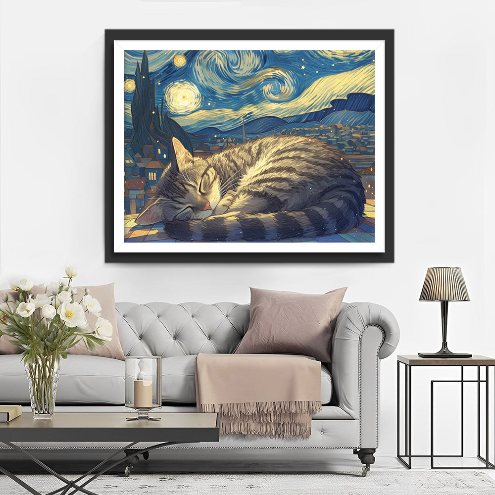 Kat die Slaapt onder de Sterrenhemel Diamond Painting