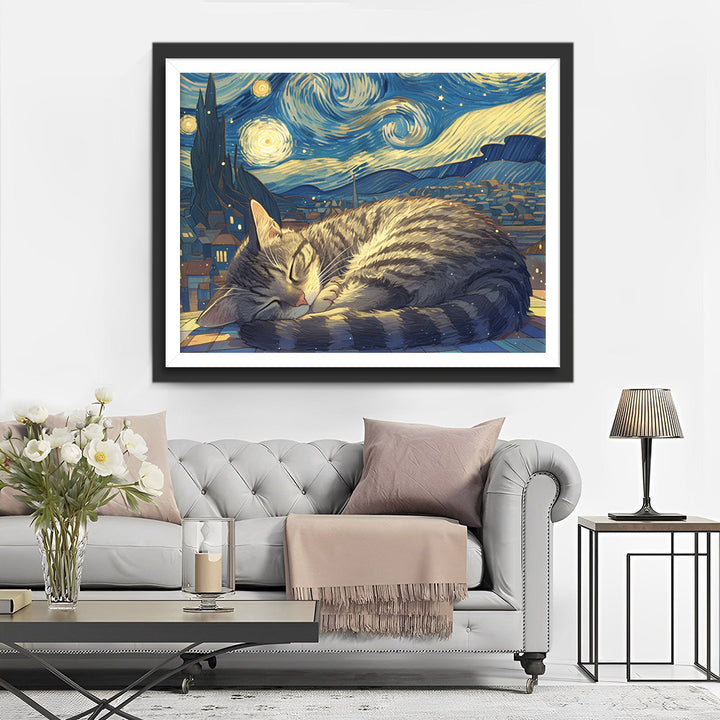 Kat die Slaapt onder de Sterrenhemel Diamond Painting