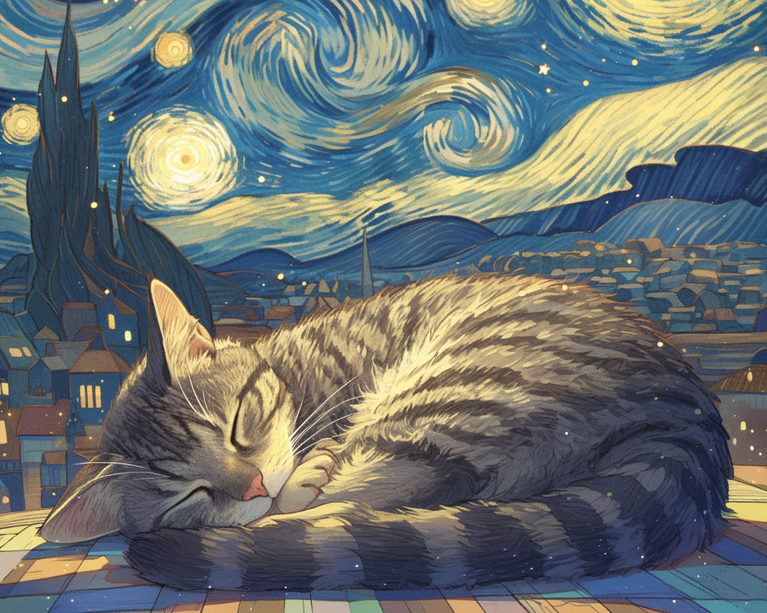 Kat die Slaapt onder de Sterrenhemel Diamond Painting