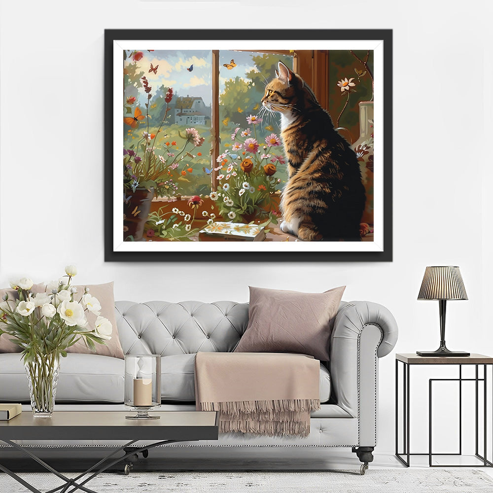 Kat die Uit het Raam Kijkt Diamond Painting