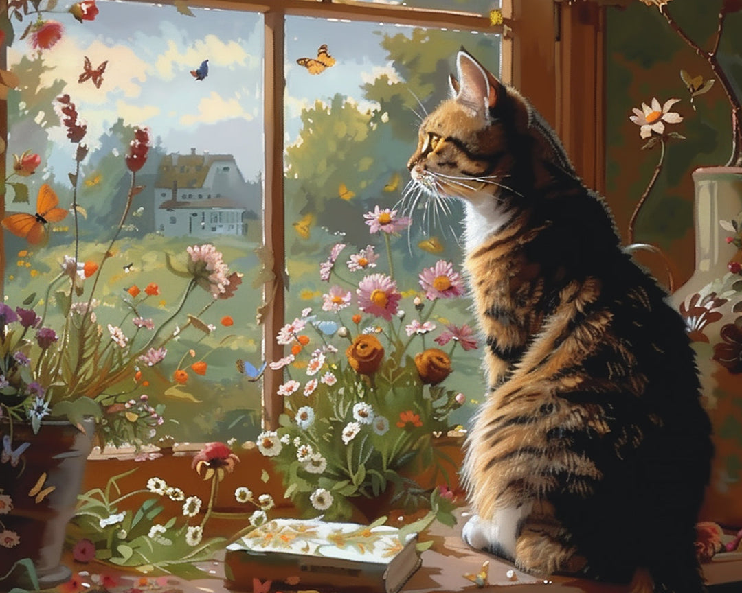 Kat die Uit het Raam Kijkt Diamond Painting