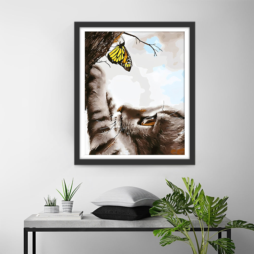 Kat en Gele Vlinder Diamond Painting