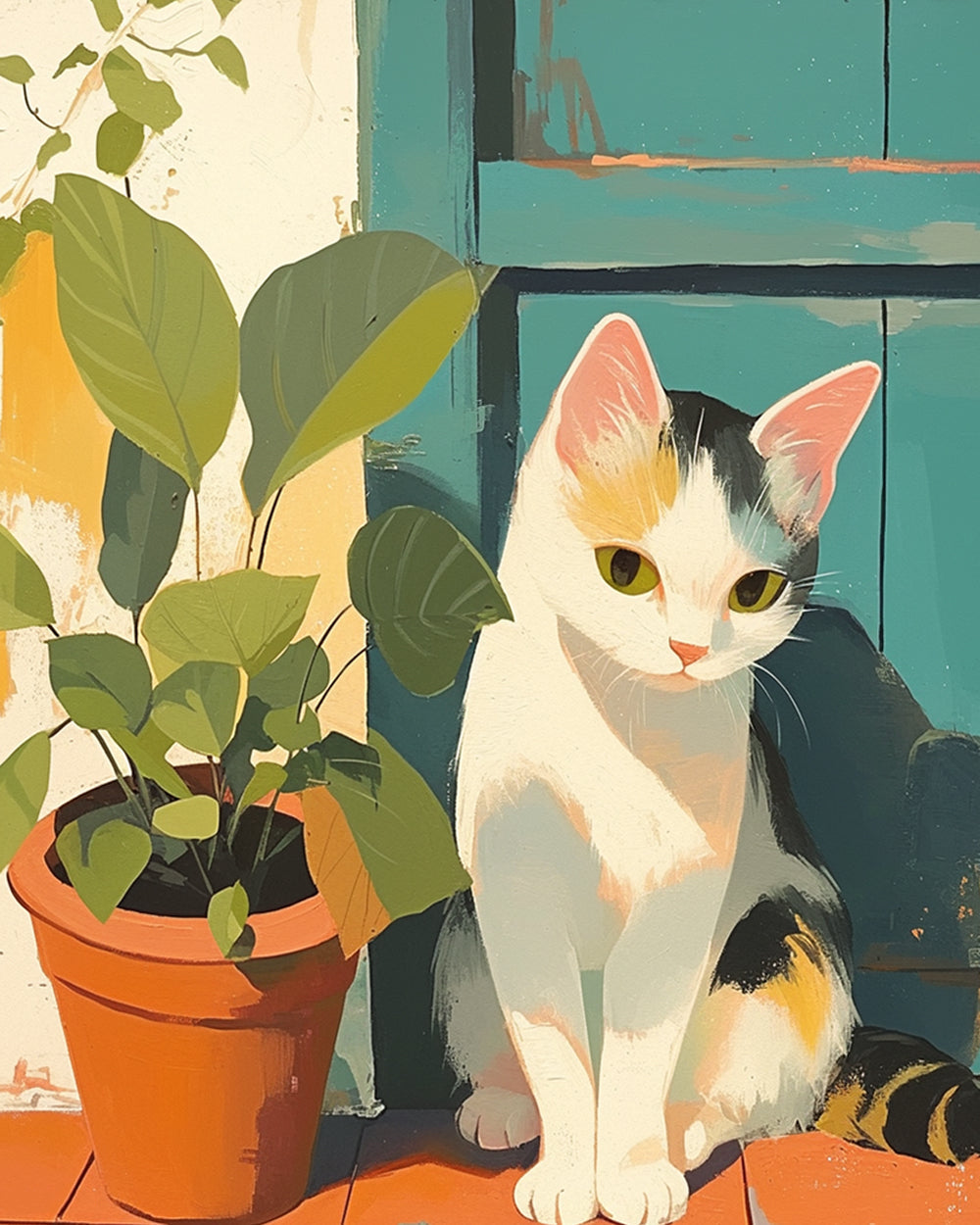 Kat en Plant bij de Deur Diamond Painting
