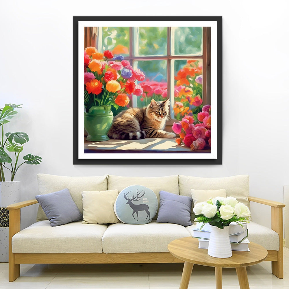 Kat en Prachtige Bloemen op de Vensterbank Diamond Painting