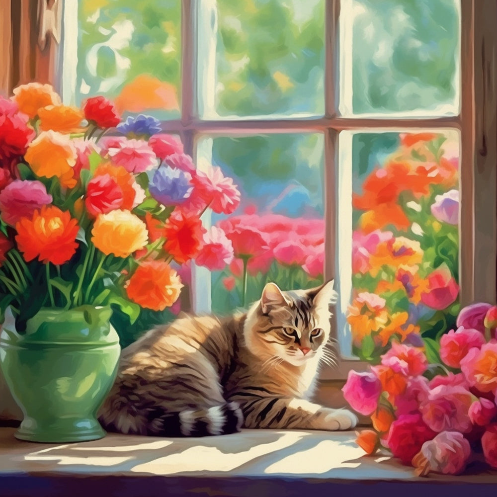 Kat en Prachtige Bloemen op de Vensterbank Diamond Painting
