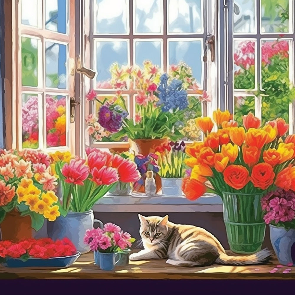 Kat in de Bloemenkamer Diamond Painting