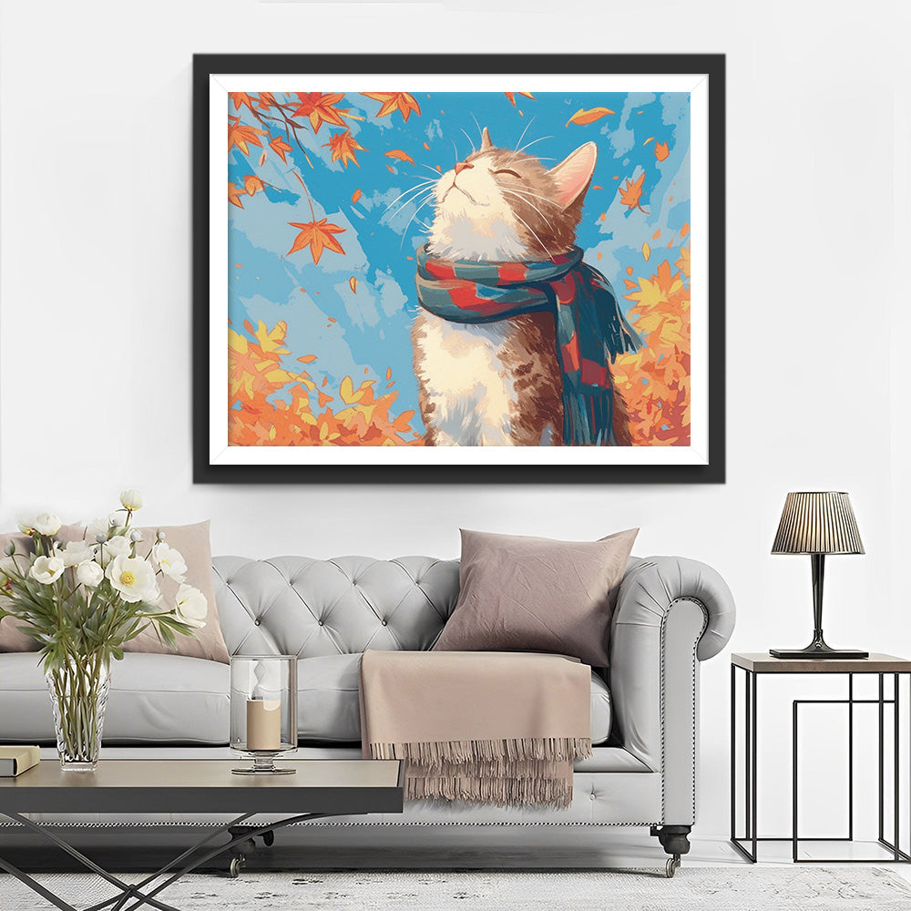 Kat met Sjaal en Esdoornbladeren Diamond Painting