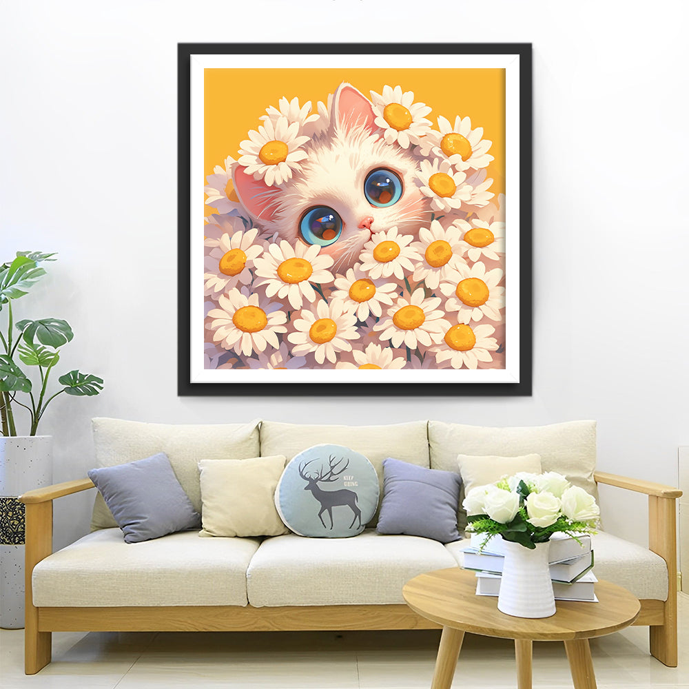 Kat met Witte Madeliefjes Diamond Painting