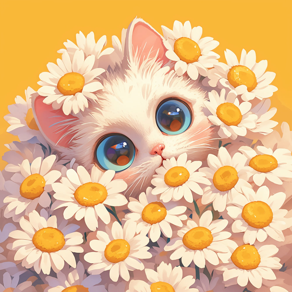 Kat met Witte Madeliefjes Diamond Painting