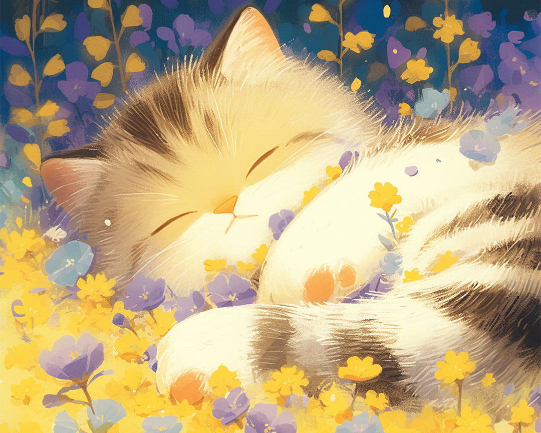 Kat Slapend in Bloemen Diamond Painting