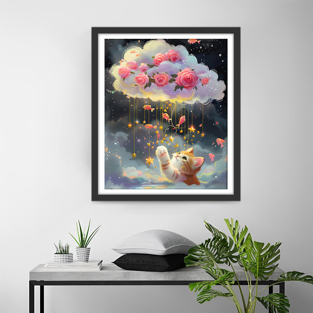 Kat wil Roze Rozen in de Wolken en Goudvissen Diamond Painting