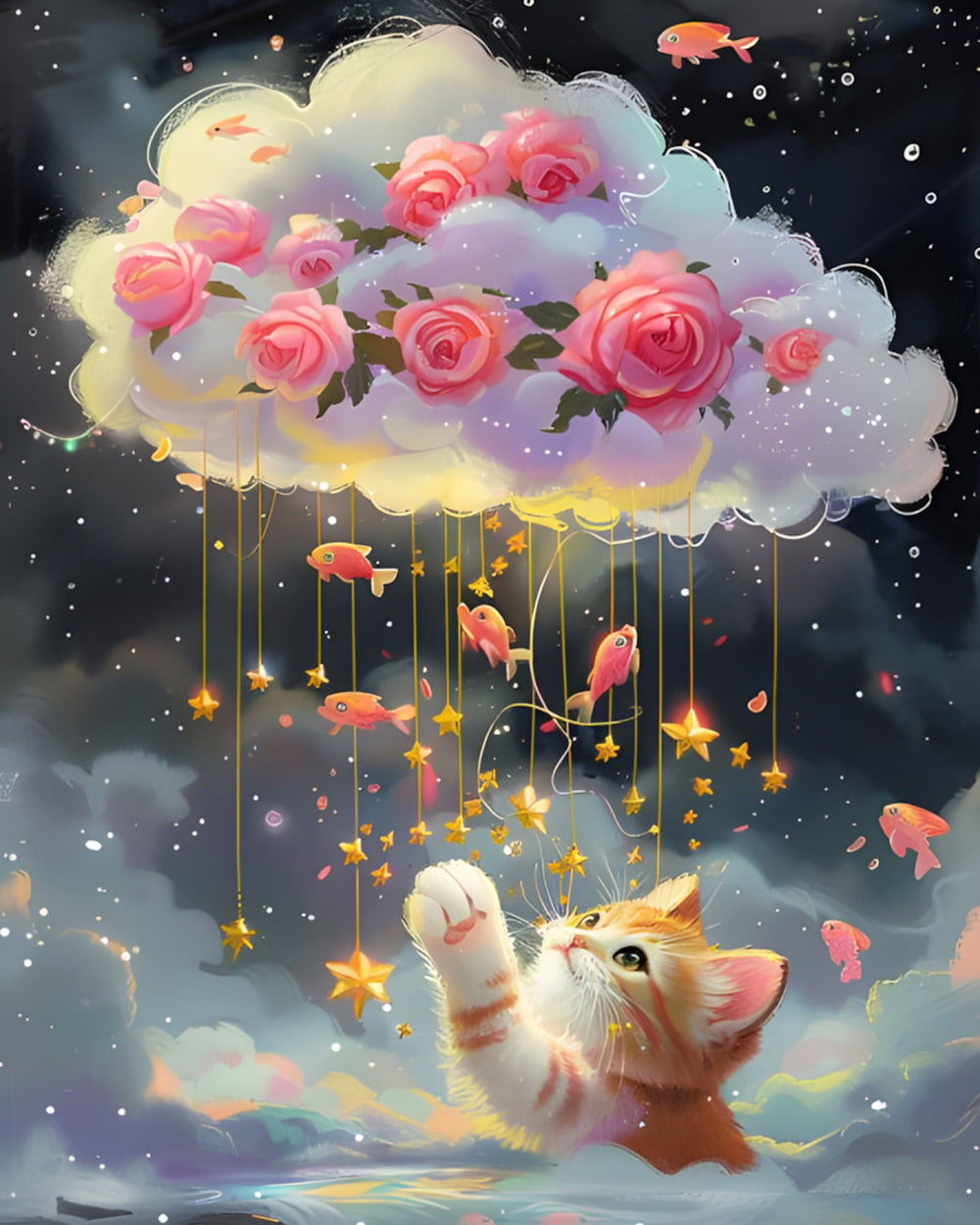 Kat wil Roze Rozen in de Wolken en Goudvissen Diamond Painting