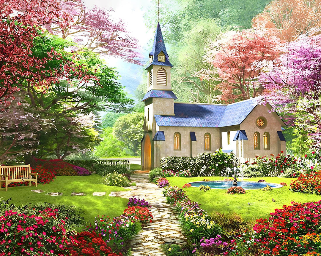 Kerk in de Lente Tuin Diamond Painting