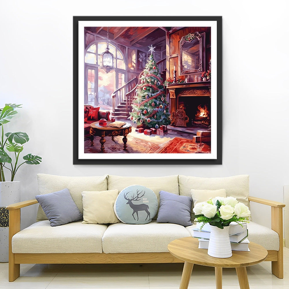 Kerstboom bij de Open Haard Diamond Painting