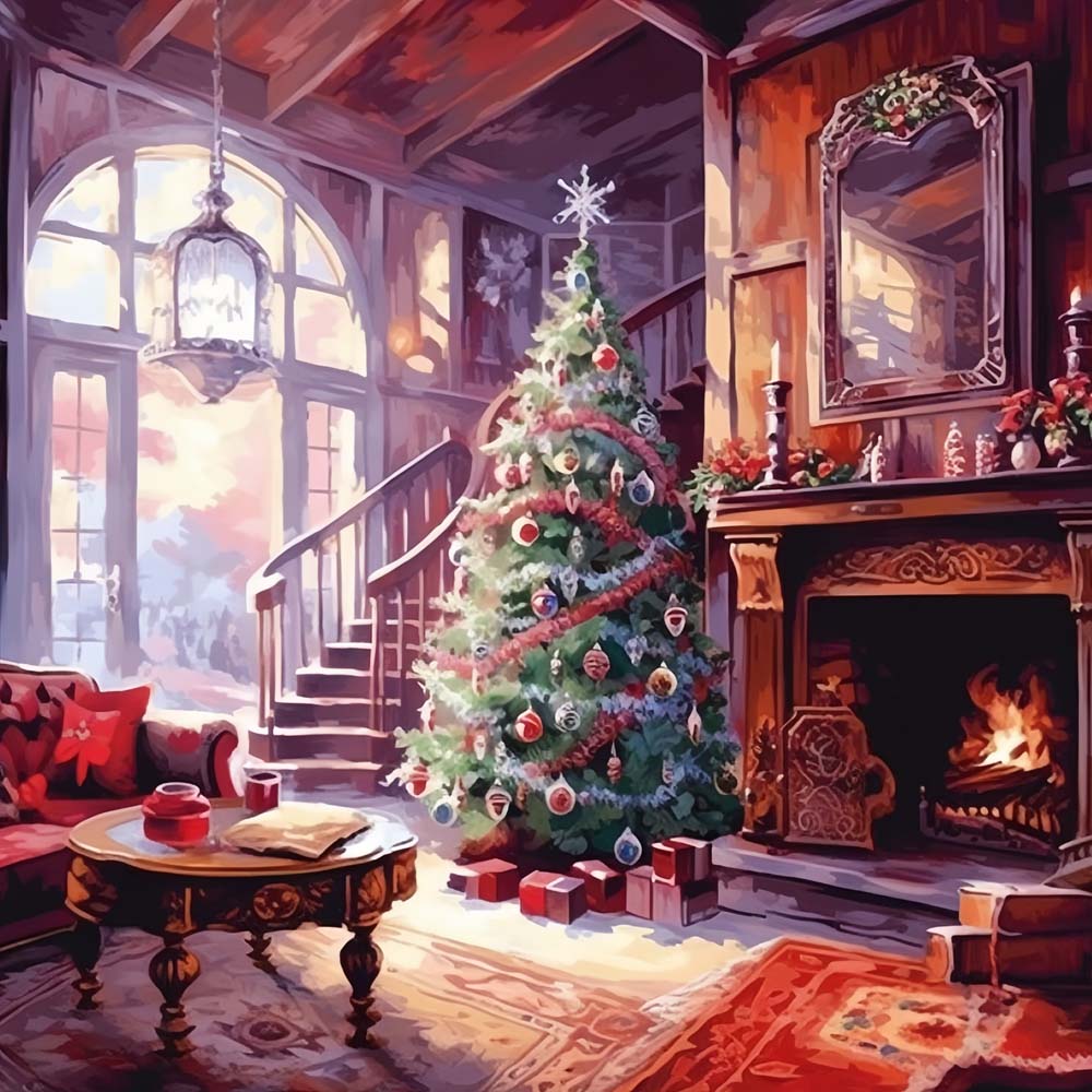 Kerstboom bij de Open Haard Diamond Painting