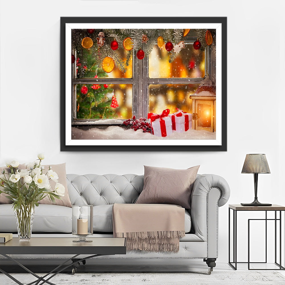 Kerstdecoraties en Sneeuw op de Vensterbank Diamond Painting