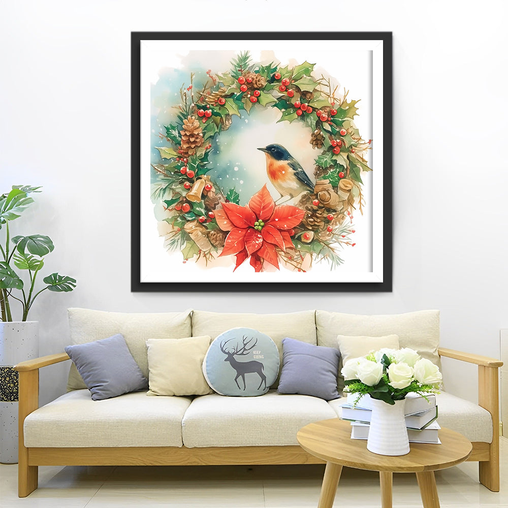 Kerstkrans met Vogel en Poinsettia Diamond Painting