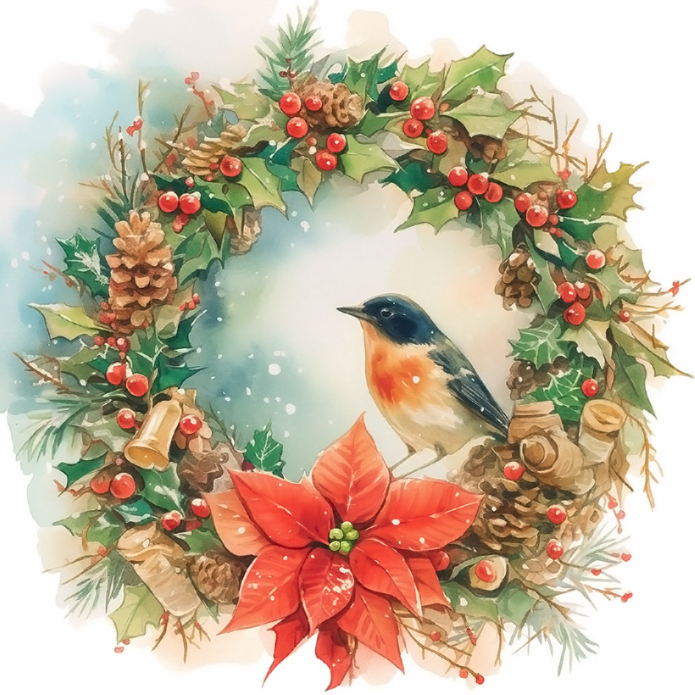 Kerstkrans met Vogel en Poinsettia Diamond Painting
