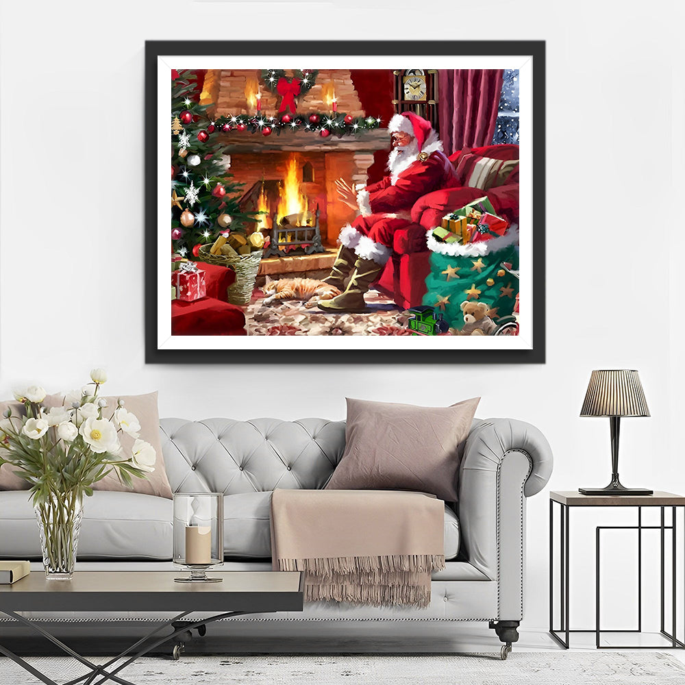 Kerstman en Kerstboom bij de Open Haard Diamond Painting