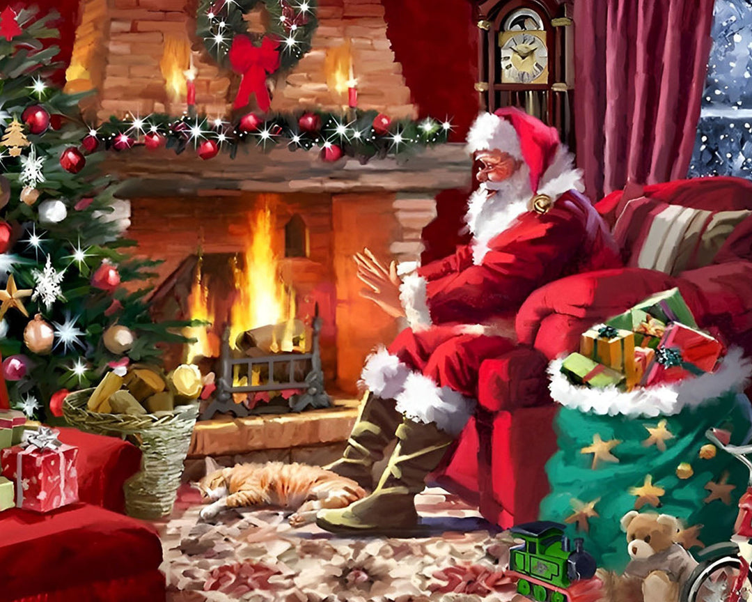 Kerstman en Kerstboom bij de Open Haard Diamond Painting