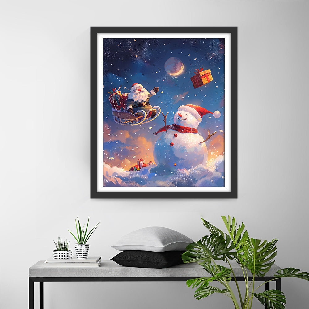 Kerstman in Slee naast Sneeuwpop Diamond Painting