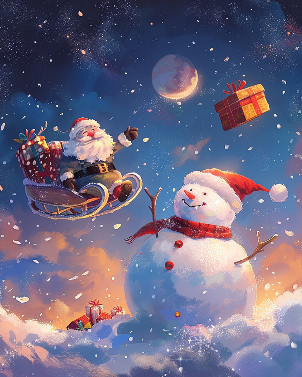 Kerstman in Slee naast Sneeuwpop Diamond Painting