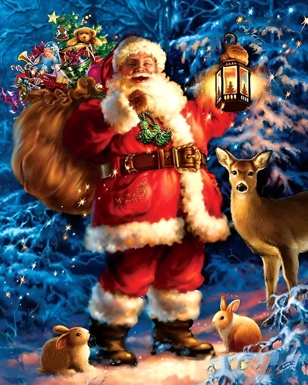 Kerstman, Konijn en Eland Diamond Painting