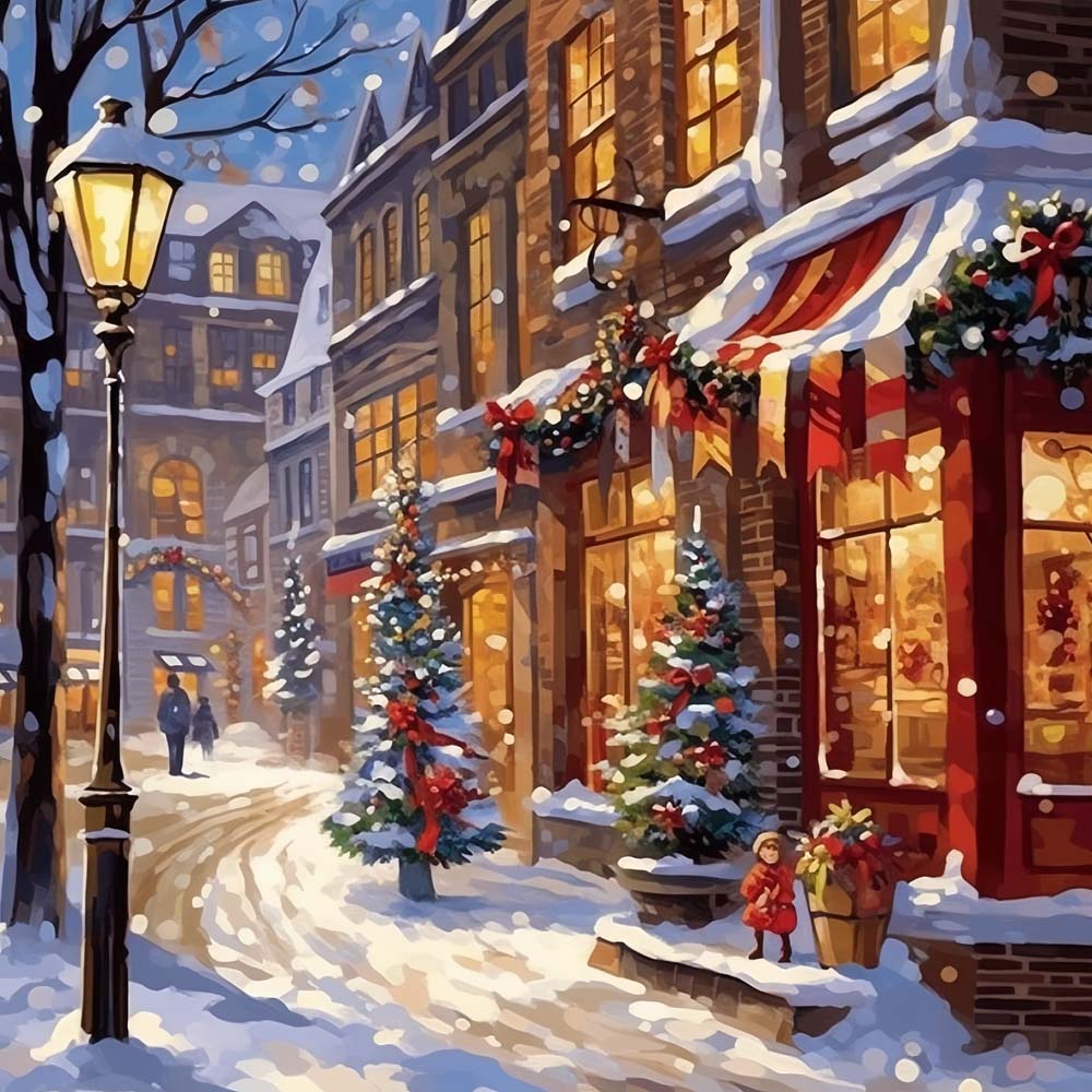 Kerststadstraten in de Sneeuw Diamond Painting