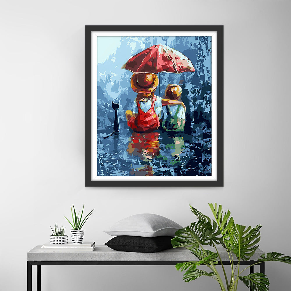 Kinderen met een Rode Paraplu Diamond Painting