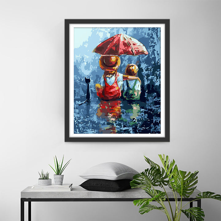 Kinderen met een Rode Paraplu Diamond Painting