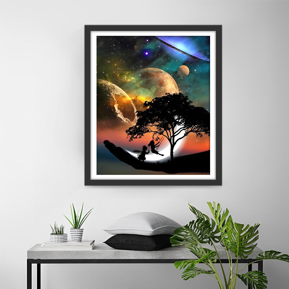 Kinderen Schommelen onder de Planeten Diamond Painting
