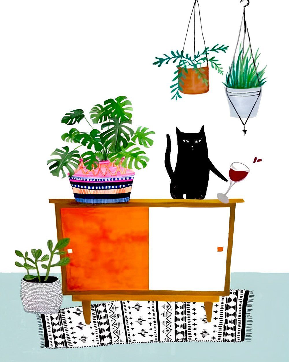 Kitten en Groene Kamerplanten op Het Kastje Diamond Painting