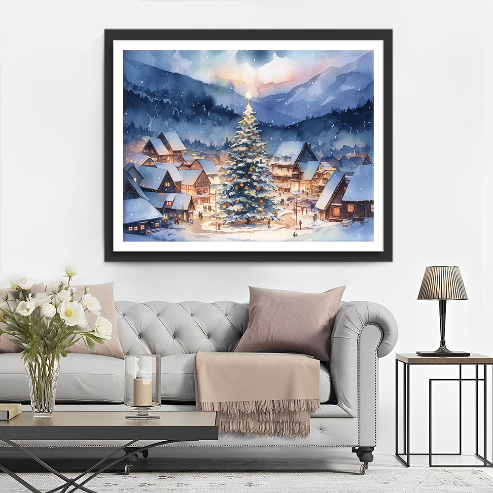 Klein Stadje en Grote Kerstboom in de Sneeuw Diamond Painting