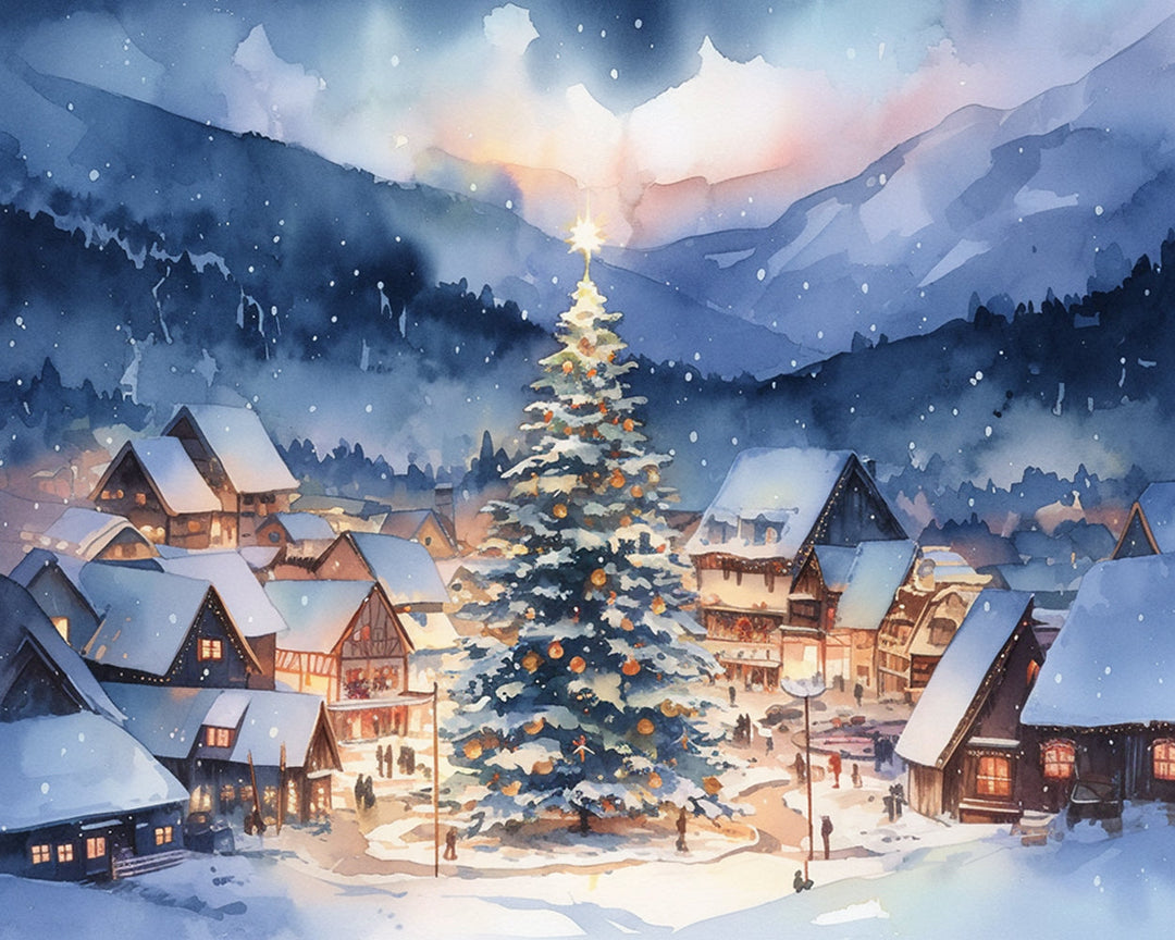 Klein Stadje en Grote Kerstboom in de Sneeuw Diamond Painting