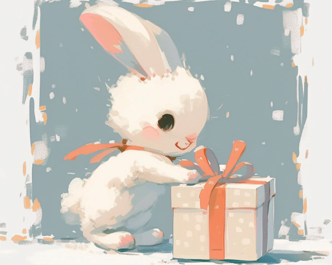 Klein Wit Konijntje Opent Cadeaudoosje Diamond Painting