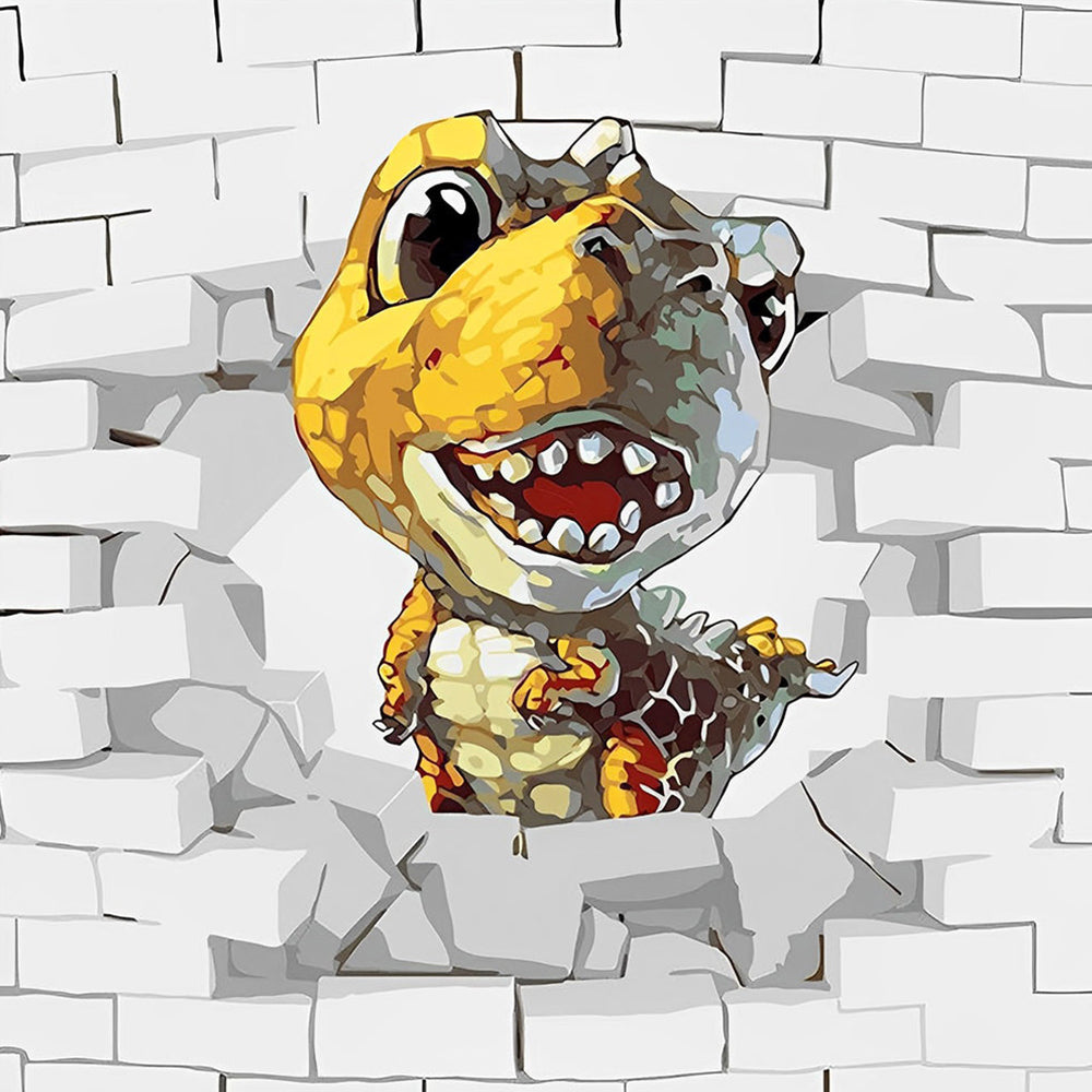 Kleine Dinosaurus Komt uit de Muur Diamond Painting
