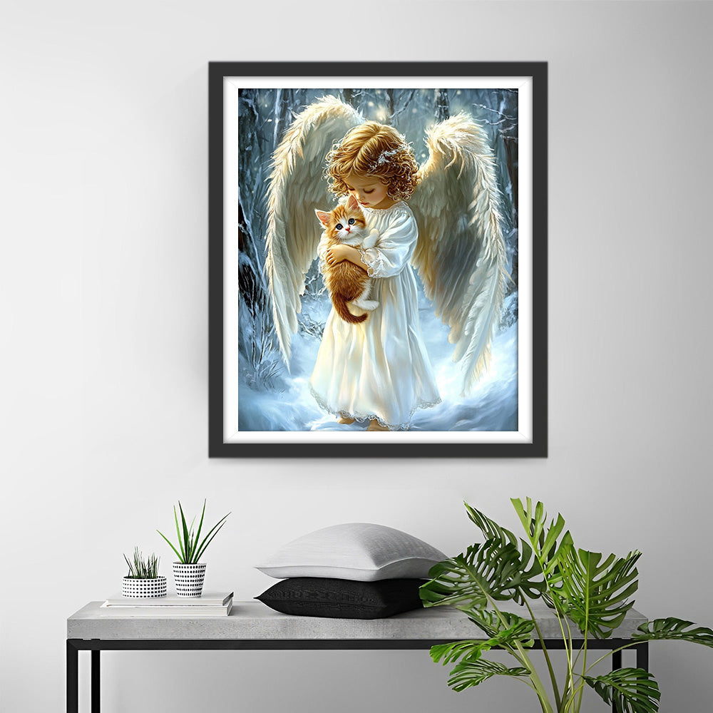 Kleine Engel die een Kat Vasthoudt Diamond Painting