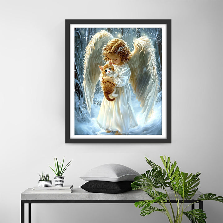 Kleine Engel die een Kat Vasthoudt Diamond Painting