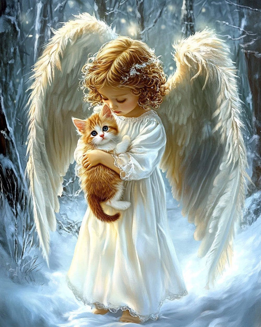 Kleine Engel die een Kat Vasthoudt Diamond Painting