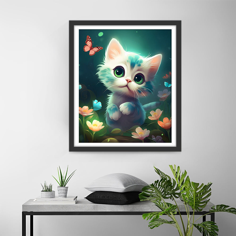 Kleine Kat en Bloemen Diamond Painting